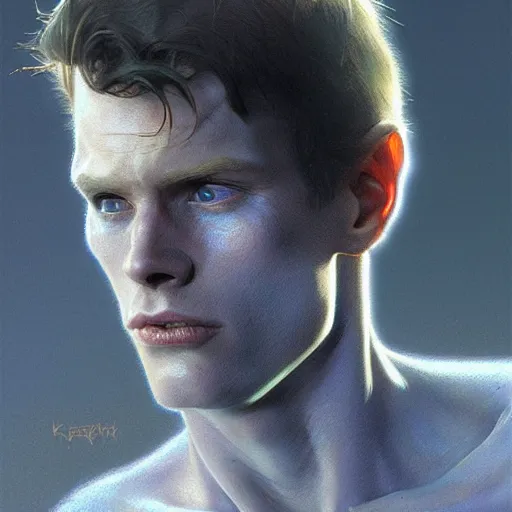 Image similar to a hyper - realistic character concept art portrait of young kevin conroy, depth of field background, artstation, award - winning realistic sci - fi concept art by jim burns and greg rutkowski, beksinski, a realism masterpiece, james gilleard, bruegel, alphonse mucha, and yoshitaka amano.