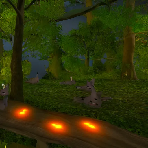 Prompt: second life in game screenshot of black foxes sleeping next to each other in a cozy forest with bioluminescent mushrooms, 4 k