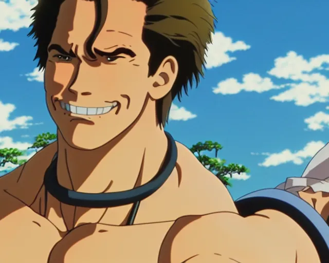 Prompt: anime fine details portrait of joyful Arnold Schwarzenegger at beach anime masterpiece by Studio Ghibli. 4k render.