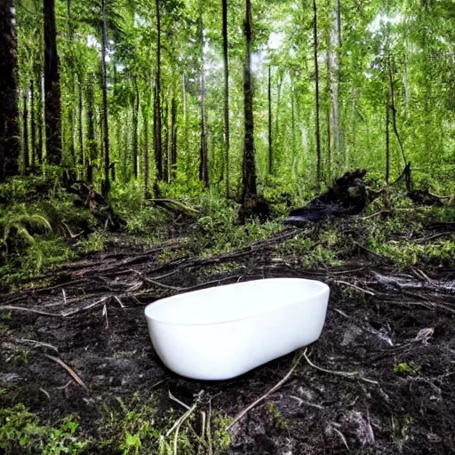 Prompt: pristine porcelain bath filled with bubbles in a clearcut rainforest, slash and burn, cleared forest, deforestation, bubble bath, overflowing with bubbles, tree stumps, smouldering charred timber