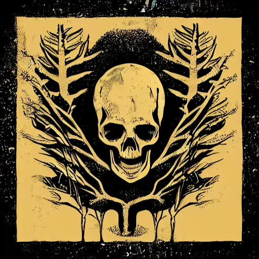 Image similar to dark death metal themed vector illustration for a record label, trees. forest, spikes, skull, microphone, skull, award winning, grunge, iconic, golden ratio