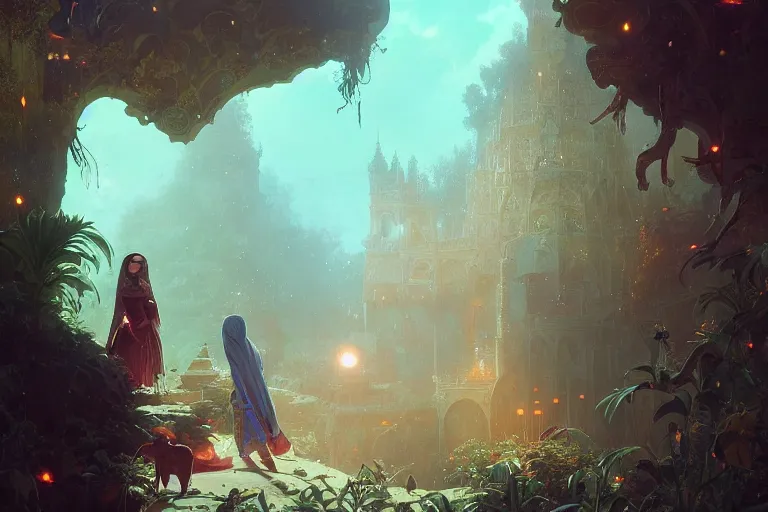 Prompt: the nooran sisters singing ali ali ali, stephen bliss, unreal engine, fantasy art by greg rutkowski, loish, rhads, ferdinand knab, makoto shinkai and lois van baarle, ilya kuvshinov, rossdraws, tom bagshaw, alphonse mucha, global illumination, radiant light, detailed and intricate environment