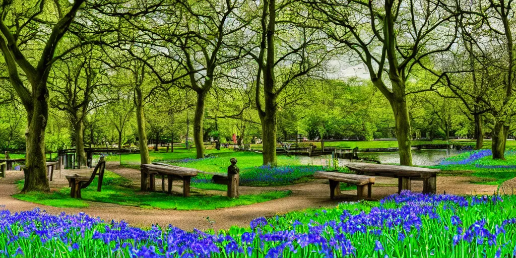 Prompt: a park filled with banks of bluebell flowers and a couple benches, containing a lake surrounded by a cobblestone walking path and crossed by a big beautiful sinuous bridge, scenery wallpaper, stylized, unsettling, and brilliantly colorful, haunted, dream-like, emotional, dramatic, romantic landscape, a few small shops here and there