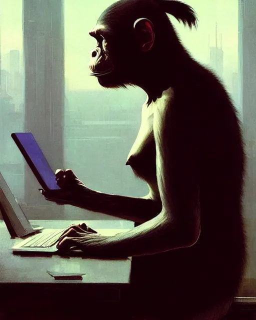 Prompt: cyberpunk chimpanzee cyborg at the computer. art by greg rutkowski, gustave courbet, rosa bonheur, edward hopper. faithfully depicted facial expression, perfect anatomy, sharp focus, global illumination, radiant light, detailed and intricate environment, trending on artstation