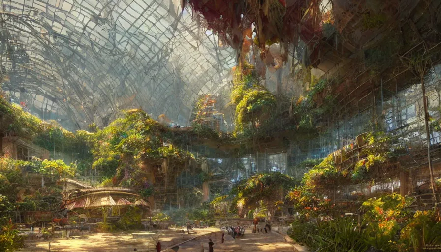 Image similar to craig mullins and ghibli digital illustration of the interior of the largest biodome in the world, colorful, unreal engine, hyper realism, realistic shading, cinematic composition, realistic render, octane render, detailed textures, photorealistic, wide shot,