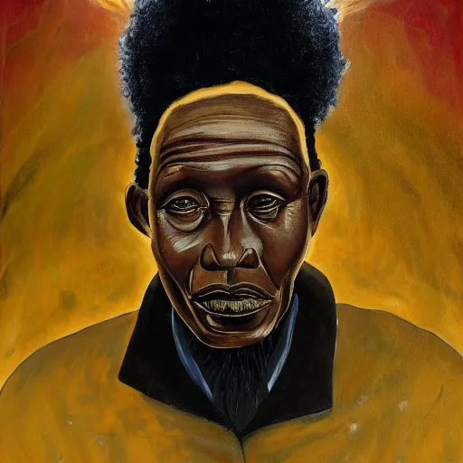 Prompt: a painting of a loving, caring fatherly wide forehead, aquiline nose, round face, XXL , generous, ever-present, humble, wise elder from Kenya in a suit by Wangechi Mutu . Fatherly/daddy, focused, loving, leader, relaxed. Gold background, heavenly lights, details, smooth, sharp focus, illustration, realistic, cinematic, artstation, award winning, rgb , unreal engine, octane render, cinematic light, macro, depth of field, blur, light and clouds, highly detailed epic cinematic concept art CG render made in Maya, Blender and Photoshop, octane render, excellent composition, dynamic dramatic cinematic lighting, aesthetic, very inspirational, arthouse.