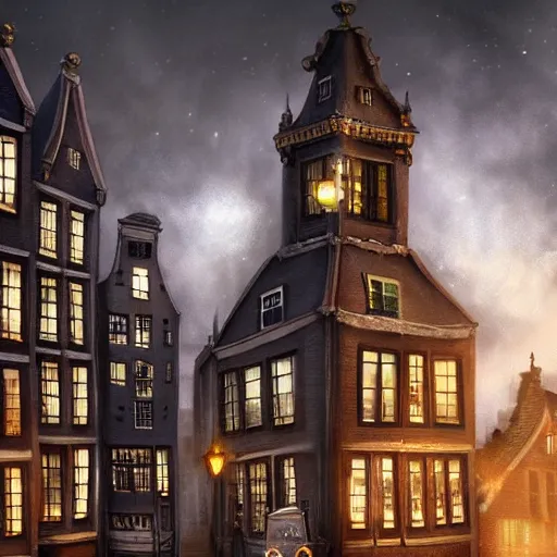 Prompt: a magical town with very tall and extremely crooked buildings, inspired by amsterdam and victorian england, night time, digital painting, highly detailed, concept art, game art, matte painting, trending on artstation