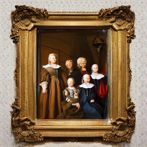 Prompt: oil paint of family portrait in the main room of the castle, dark room, one point of light trough a big window. baroque style 1 6 5 0, high details on clothes, realistic faces and expressions