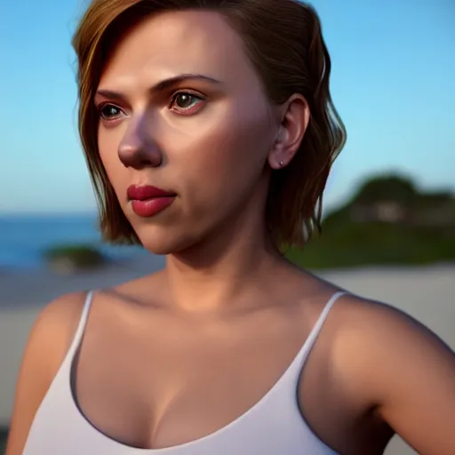 Prompt: 3d Render of a scarlett johansson full round face, short smile, cute sundress, golden hour, serene beach setting, medium shot, mid-shot, highly detailed, trending on Artstation, Unreal Engine 4k