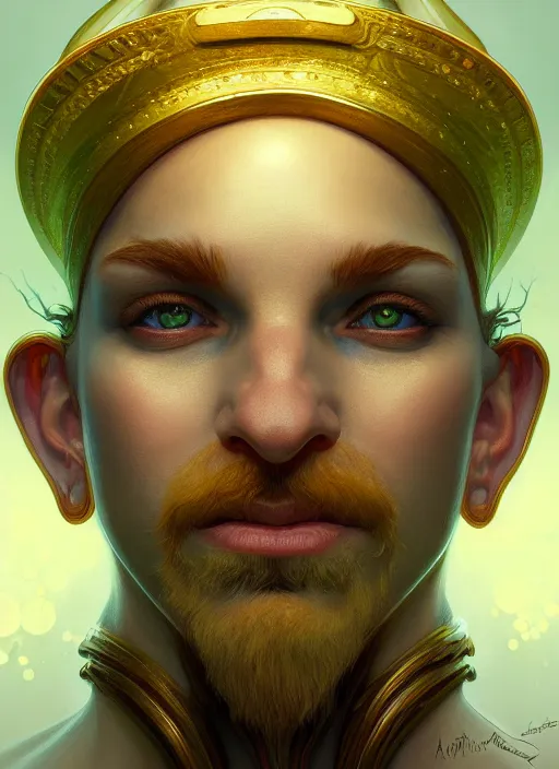 Image similar to symmetry portrait of leprechaun, intricate, elegant, highly detailed, digital painting, artstation, concept art, smooth, sharp focus, illustration, art by artgerm and greg rutkowski and alphonse mucha, 8 k