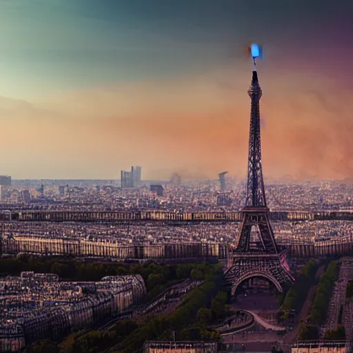 Image similar to a panoramic photo of paris during apocalypse, fire, fumes, 4 k, high quality, artstation