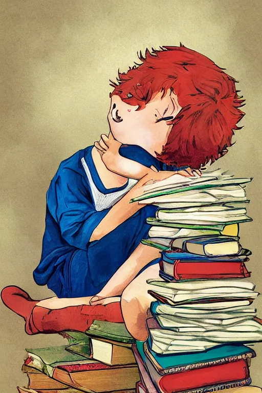 Image similar to a little boy with red hair sits cross legged on top of a tall pile of books. he is reading. clean elegant pretty cartoon painting, beautiful detailed face, storybook illustration.