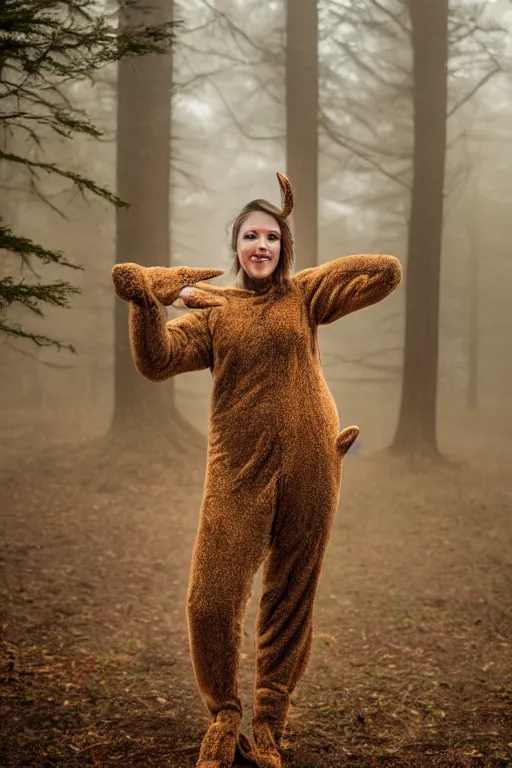 Image similar to photo of a woman in a realistic deer costume, in the morning, in a forest, fog, ambient light