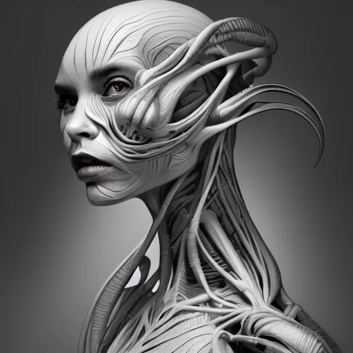 Image similar to wide angle full body portrait of an alien female, a perfect face and perfect body, thin waist, plastinated cross-section, internal structures, intricate, single face, highly detailed, digital painting, artstation, concept art, smooth, sharp focus, illustration, Unreal Engine 5, 8K, art by artgerm and greg rutkowski and alphonse mucha