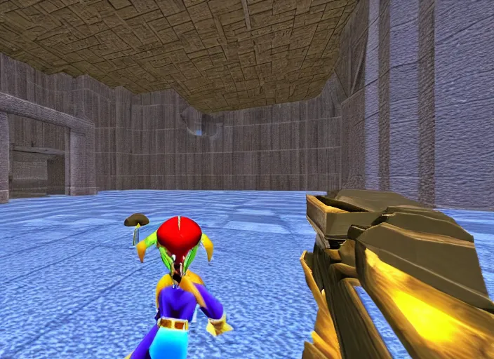 Prompt: first person view of a lunch break in the shadow temple. screenshot of ocarina of time nintendo 6 4 ( 1 9 9 6 )