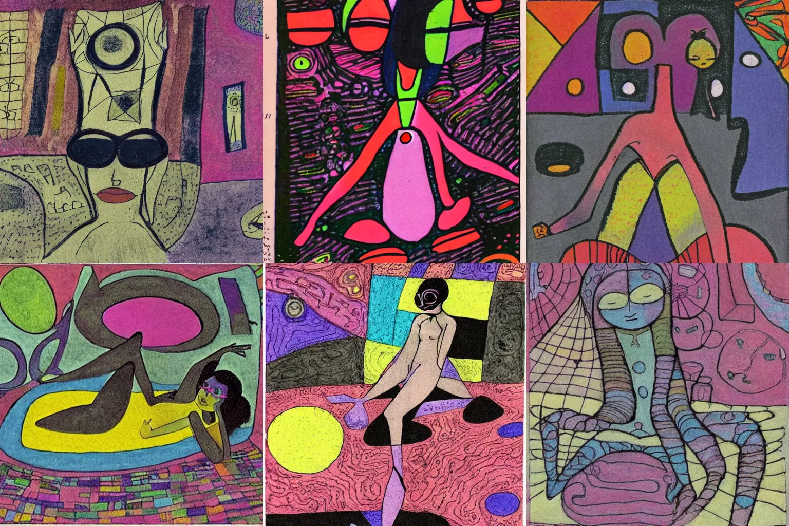 Prompt: klee 1960s teenage girl, black pixie hair and big glasses, dressed in black, laying on a trippy victor moscoso floor . lsd colorful bedroom. writting on her diary