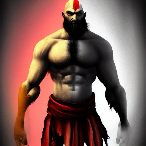 Prompt: hybrid of kratos and a chicken, digital art, cold hue's, warm tone gradient background