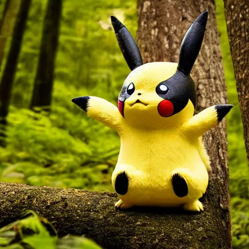 Image similar to pikachu in a forest, realistic, national geographic wildlife photography