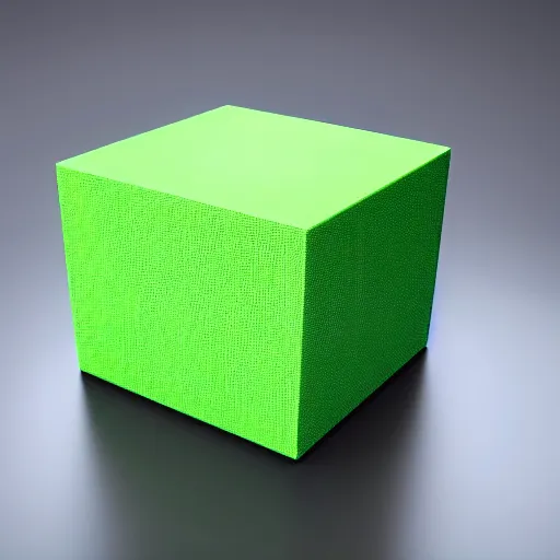 Prompt: a green cube on a black hard surface. perspective view. light from right side