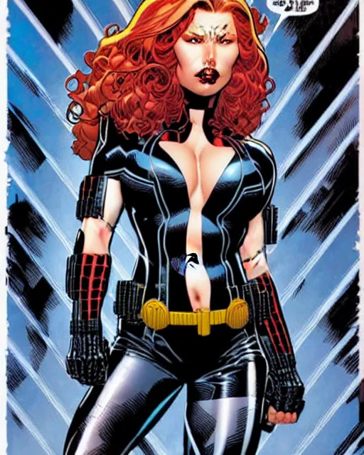 Prompt: tom raney and sandra chevrier comic cover art, full body black widow, perfectly symmetrical facial features, tight fit, rim lighting, vivid colors, j. scott campbell