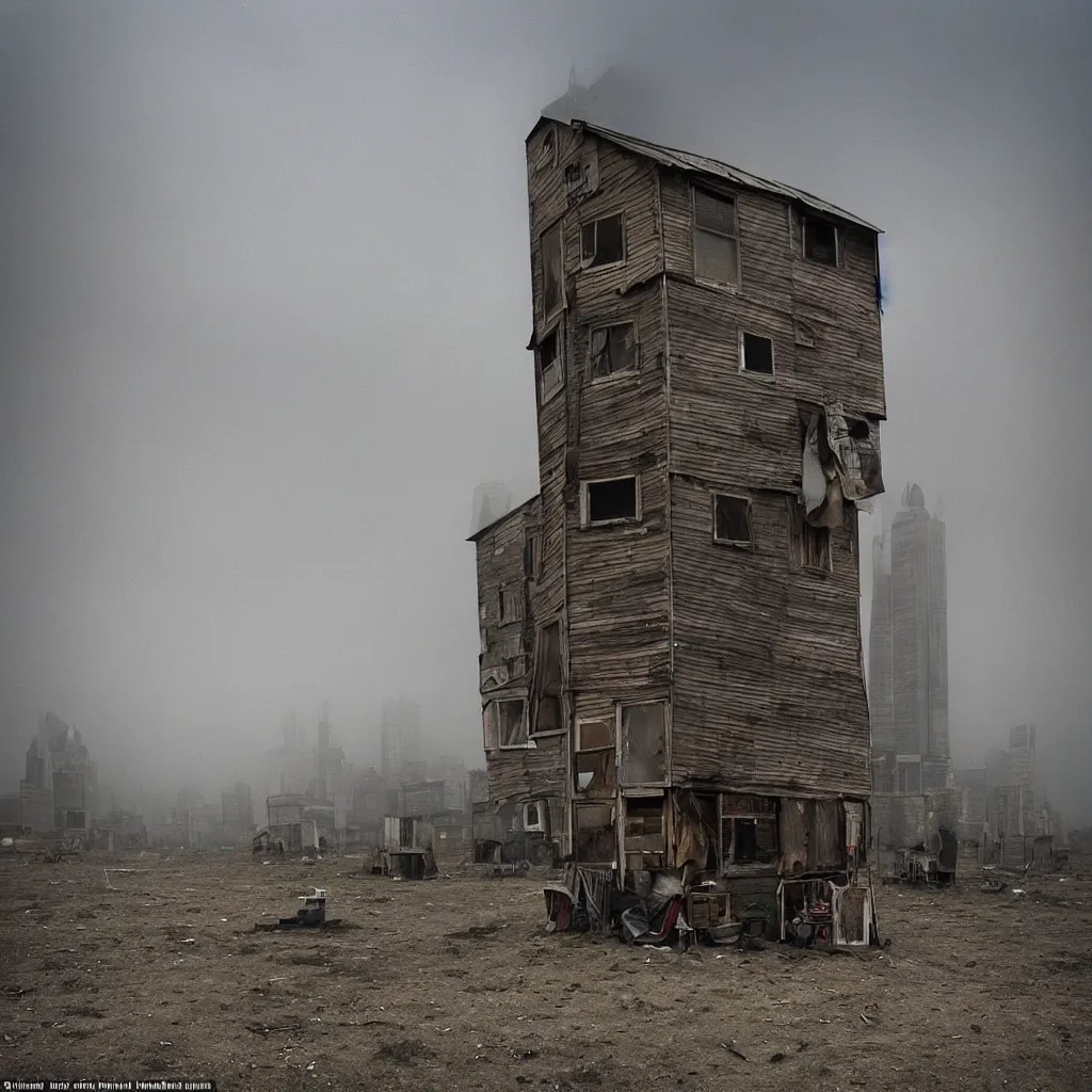 Prompt: two towers, made up of makeshift squatter shacks with faded colours, plain uniform sky at the back, uneven fog, dystopia, mamiya, f 1 1, fully frontal view, ultra sharp, very detailed, photographed by julie blackmon