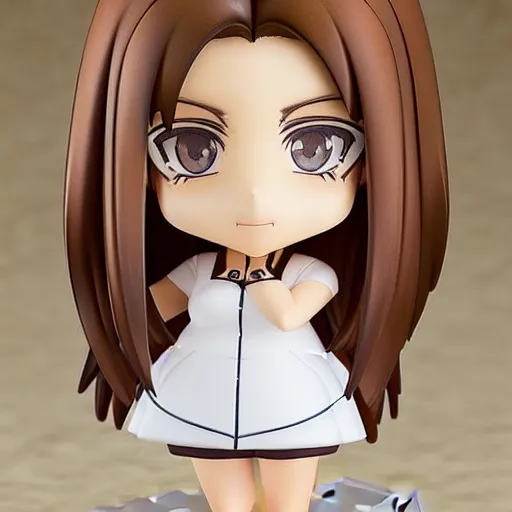 Prompt: nendoroid of a white girl with a long brown sidecut, brown eyes and thick eyebrows