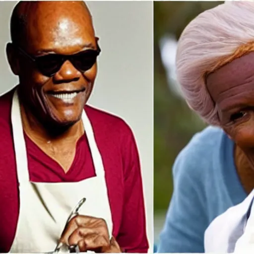 Prompt: Samuel L Jackson and Mary Berry cooking together