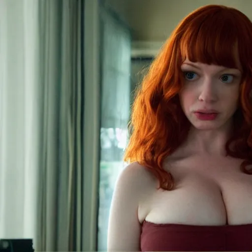 Image similar to amazing beautiful Christina Hendricks with mouth wide open in the living room, film still from the movie directed by Denis Villeneuve , wide lens