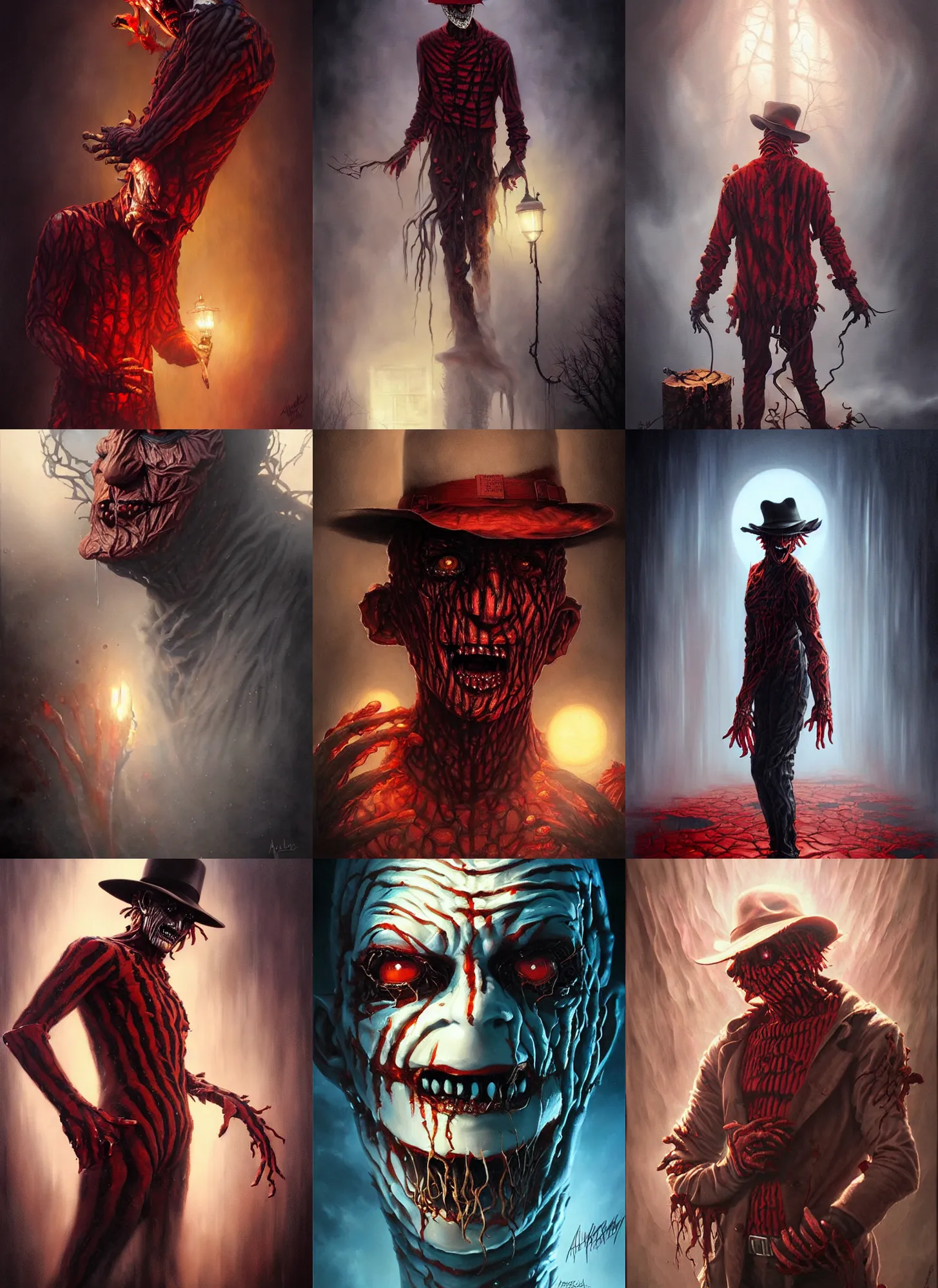 Prompt: freddy krueger a nightmare on elm street, painted by artgerm and tom bagshaw, fantasy art, dramatic lighting, highly detailed oil painting