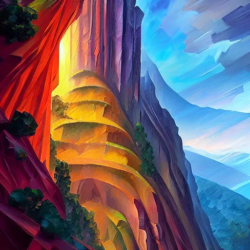 Image similar to palace valley cliff sharp focus weird geometric cinematic detailed by leonid afremov, artgerm, tim white, evgeny lushpin, android jones