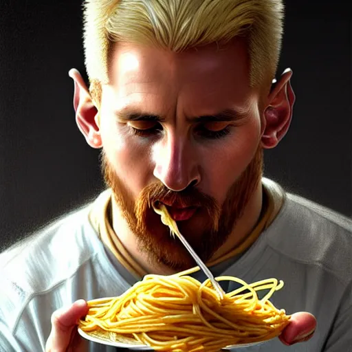 Image similar to Messi eating spaghetti, upclose, D&D, fantasy, intricate, elegant, highly detailed, digital painting, artstation, concept art, matte, sharp focus, illustration, art by Artgerm and Greg Rutkowski and Alphonse Mucha