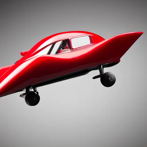 Prompt: 1950s red sporty electric flying hovercar 35mm 8k product photo