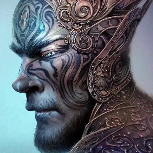 Image similar to an Artstation 3d render of Very very very very highly detailed beautiful mystic head of a phantom warrior with galaxy, tattoos by Anton Pieck, intricate, extremely detailed, digital painting, artstation, concept art, smooth, sharp focus, illustration, intimidating lighting, incredible art,