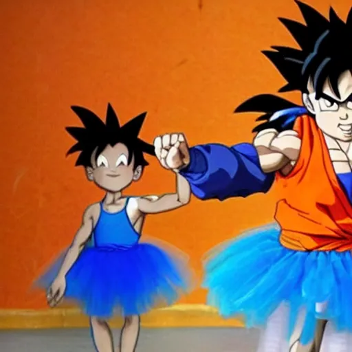 Prompt: son goku wearing a tutu dancing in a ballet
