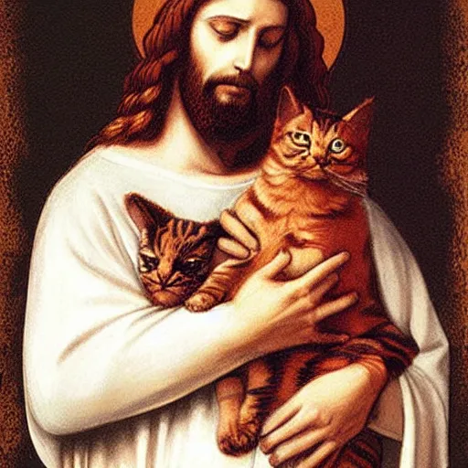 Image similar to jesus holding a cute cat, emotional, cute, powerful, digital art by leonardo da vinci