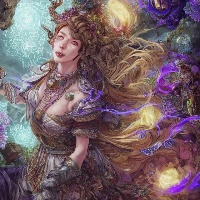 Prompt: the portrait of chaotic good female druid alchemist as absurdly beautiful, gorgeous, elegant, happy woman, an ultrafine hyperdetailed illustration by kim jung gi, irakli nadar, intricate linework, sharp focus, bright colors, octopath traveler, final fantasy, unreal engine 5 highly rendered, global illumination, radiant light, detailed and intricate environment