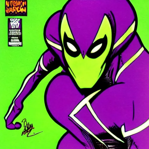 Image similar to purple and green spiderman suit by todd mcfarlane