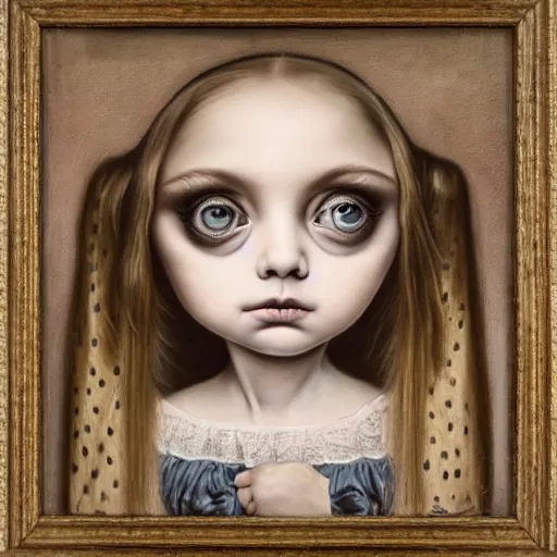 Image similar to hyper detailed portrait painting of a girl with big eyes in the style of artist mark ryden, symmetrical composition, in a landscape