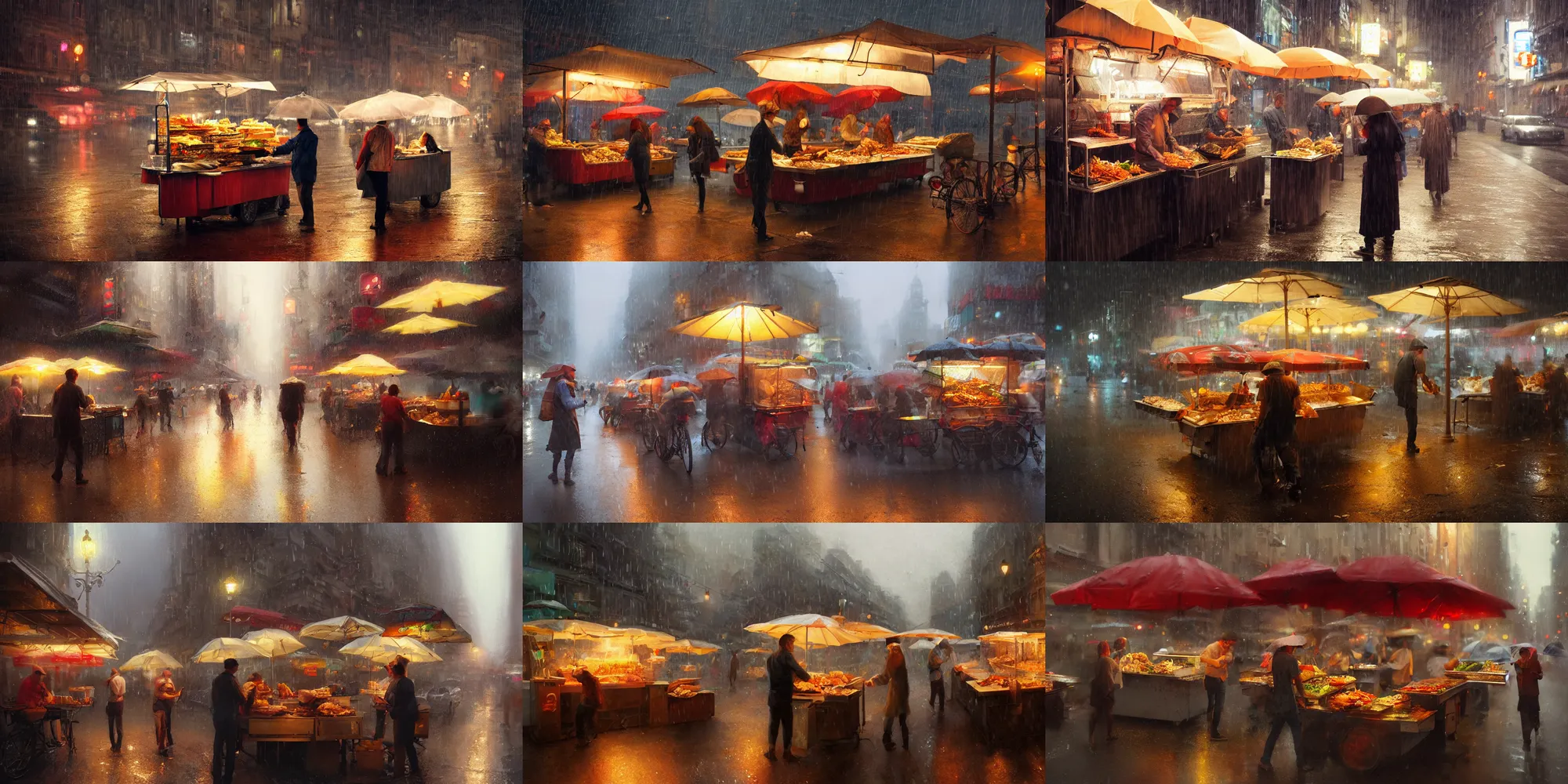 Prompt: Street food vendor prepares your meal as it rains, cozy wallpaper, 4k, high details, volumetric dynamic lighting, motion blur, bokeh, trending on Artstation, award-winning, art by Greg Rutkowski