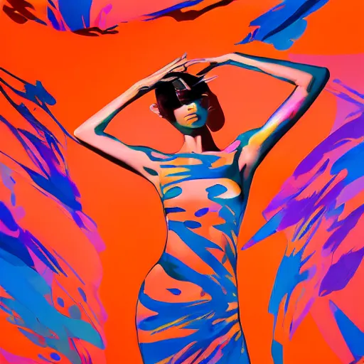 Image similar to beautiful model girl body art fabric skin turns into dress with colouful plastic bad folds heavy brushstrokes style of jonathan zawada, thisset colours simple background gradient objective light orange and blue amber colours