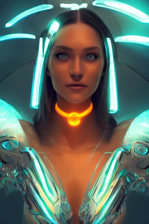 Prompt: render of a beautiful female mage wearing a luminescent bodysuit in a Tron environment, reflections, focus, detailed, realistic eyes, horizontal partial symmetry body features proportions, intricate facial skin details, award winning, trending in cgsociety artstation deviant art, octane render, boris Vallejo