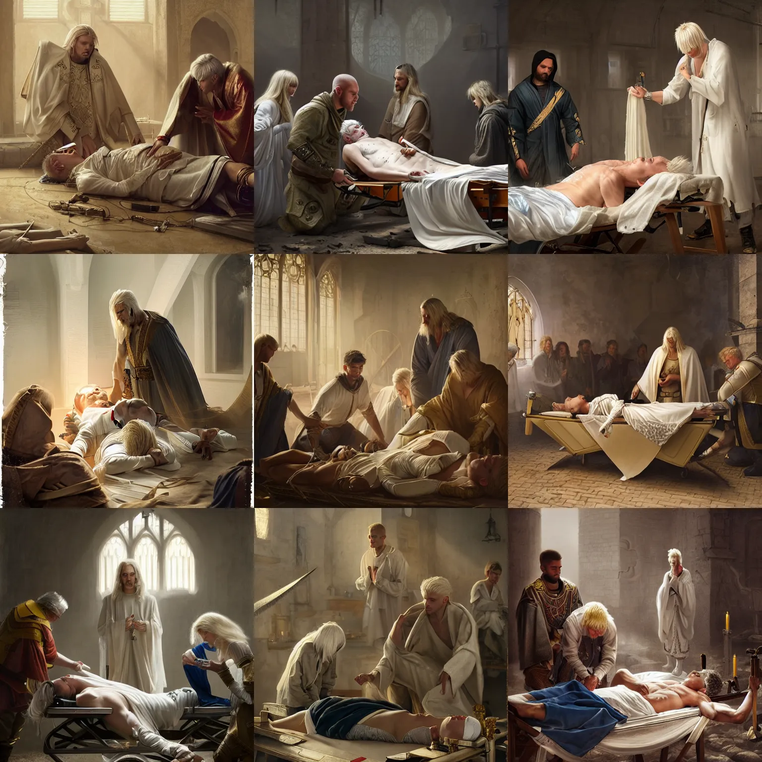 Prompt: portrait of an aasimar man with platinum blonde hair wearing white and gold vestments under armor healing a wounded soldier on a stretcher with holy magic in war camp, detailed, realistic, Greg Rutkowski, 4k, pensive