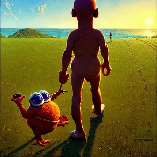 Image similar to pepe the frog walking in summer dawn, funny sunny atmosphere, positive vibe, norman rockwell, bao phan, bruce pennington, larry elmore, oil on canvas, deep depth field, masterpiece, cinematic composition, hyper - detailed, hd, hdr