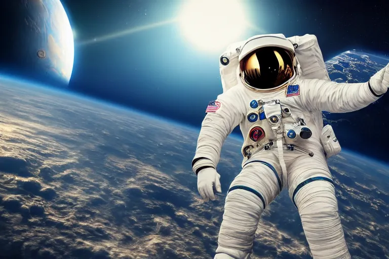 Prompt: astronaut in space wearing a spacesuit floating, earth in background, highly detailed, photorealistic, full body, bright studio setting, studio lighting, crisp quality and light reflections, unreal engine 5 quality render