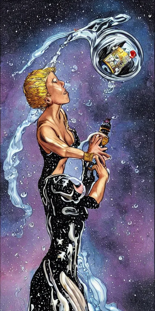 Image similar to a woman in a dress made of outer space pouring water from a vase into the milky way, by joe madura, by art adams.