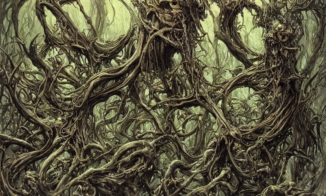 Image similar to hyperdetailed art nouveau portrait of treebeard as a cthulhu eyeball skull dragon monster, by micheal whelan, simon bisley and bill sienkiewicz, grim yet sparkling atmosphere, photorealism, claws, skeleton, antlers, fangs, forest, wild, crazy, horror, lynn varley, lovern kindzierski, steve oliff