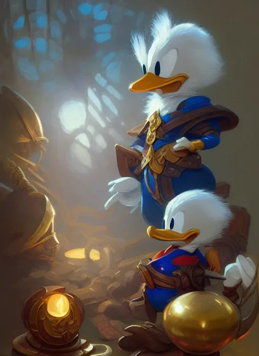 Image similar to donald duck, d & d, fantasy, intricate, elegant, highly detailed, digital painting, artstation, concept art, matte, sharp focus, illustration, hearthstone, art by artgerm and greg rutkowski and alphonse mucha