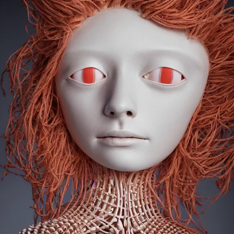 Image similar to portrait of beautiful!! horizontally symmetrical!! ceramic woman's head with coral!! reef hair. mechanical skeleton, biomechanical android. soft light painted by moebius, inspired by mary jane ansell, smooth face feature, horizontal symmetry!!!, intricate, studio photography, high detail