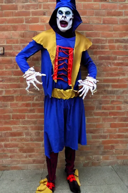 Image similar to scary dark jester halloween costume, best of halloweencostumes, man in a jester costume,