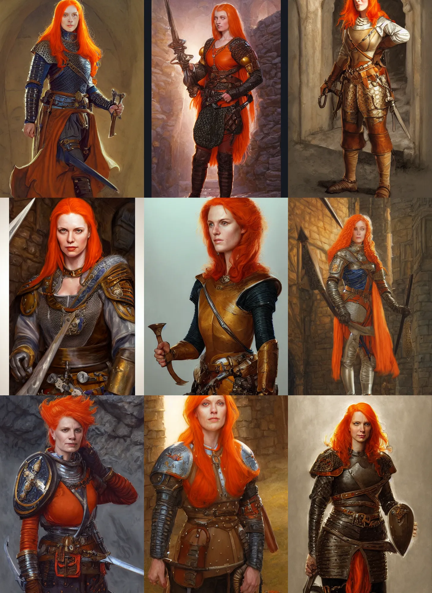 Prompt: a portrait of a female white woman in her 2 0 s, she has orange hair, wearing a medieval military uniform, medieval, style by donato giancola, wayne reynolds, jeff easley dramatic light, high detail, cinematic lighting, artstation, dungeons and dragons